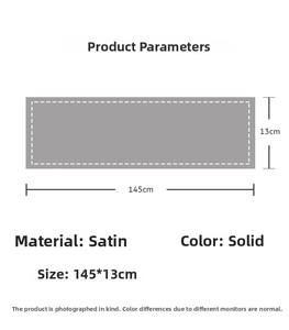 Size chart showing dimensions 145x13cm for the silk-like satin skinny scarf accessory