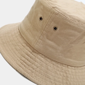 British style washed cotton bucket hat in khaki with breathable metal eyelets