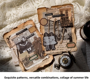 Macro shot of vintage scrapbooking kit with burnt paper, retro stickers on white lace