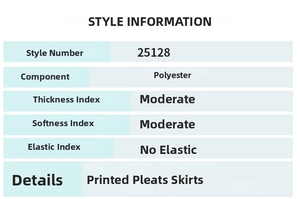 Size chart and fabric details for pleated oil painting print skirt in polyester