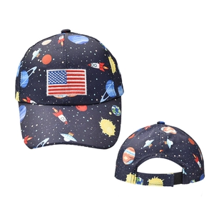Close-up of starry space print baseball cap with US flag embroidery and adjustable strap