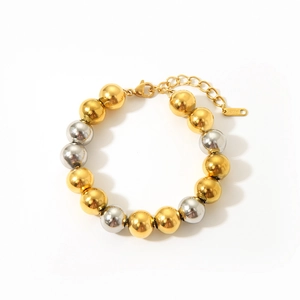 Polished gold and silver mixed beaded stainless steel bracelet with lobster clasp and chain