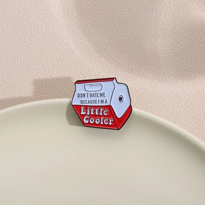 Funny red and white cooler shaped enamel pin badge with little cooler slogan