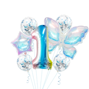 Detailed set of gradient butterfly and number 1 foil balloons with confetti balloons