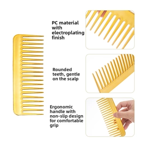 Macro detail of golden wide-tooth comb with ergonomic anti-slip handle and smooth round tips