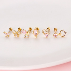 Pink heart and butterfly zircon gold stainless steel cartilage stud earrings set