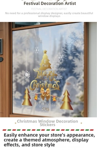 Detail of golden Merry Christmas window stickers with tree and snowflake patterns