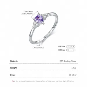 Anillo de plata de ley S925 con piedra púrpura de corazón y diamantes laterales