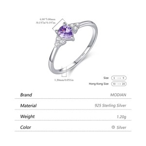 S925 sterling silver ring featuring a heart-shaped purple stone and side diamonds