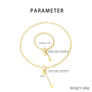 Detaillierte Größenangaben für Herz-Halskette und Armband-Set aus goldenem Edelstahl