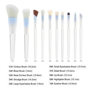 10-piece gradient blue makeup brush set with clear handles for blush and eye shadow