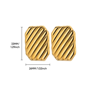Detailed view of gold striped rectangle earrings with dimensions 33MM by 26MM