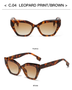 Detailed front and side view of leopard print cat eye sunglasses with brown lenses