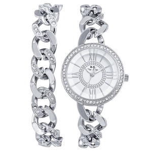 Luxury silver quartz watch and diamond bracelet set for women with Cuban chain strap