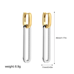 Detail showing two-tone gold and silver earrings with S925 stamp and dimension specs