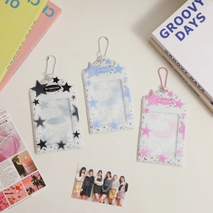 Three starry PVC photo card holders in black, blue, and pink with beaded chains