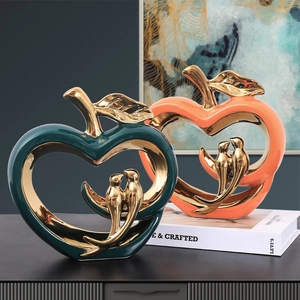 Ceramic Apple Bird Heart Figurine Ornament Hollow Electroplated Gold Accent Modern Luxury Home Office Desktop Bookshelf Decor Art