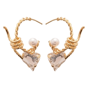 French vintage gold heart earrings with white pearls and sparkling crystal stones
