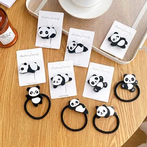 Cute Cartoon Panda Hair Accessories Acetate Duckbill Clips And High Elasticity Hair Ties For Girls Women Black White