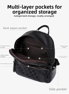 Detail view of checkerboard pattern backpack showing multi-pocket storage structure