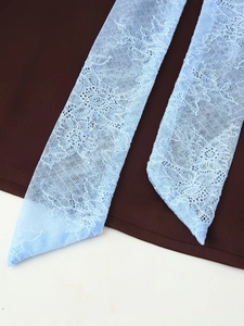 Détail de rubans en dentelle florale bleu clair sur un tissu en satin marron foncé