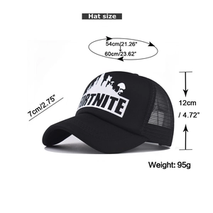 Size chart showing dimensions for the Fortnite mesh trucker hat with letter N print