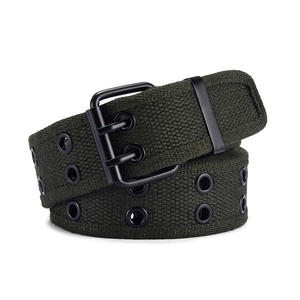 Close-up of army green canvas belt with double-prong buckle and multiple eyelets.