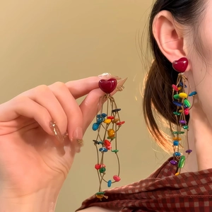 Bohemian silver needle heart earrings with colorful tassel stones for trendy women