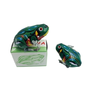 Retro wind-up tin frogs in green metal finish with vintage packaging box set