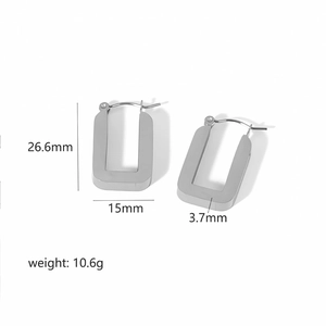 Silver rectangular hoop earrings with detailed size dimensions and weight info