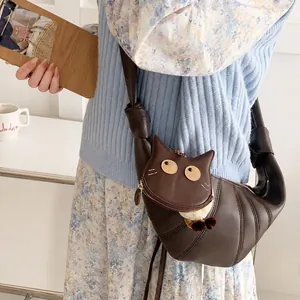 Mini borsa a tracolla in pelle PU a forma di gatto marrone carina per donne
