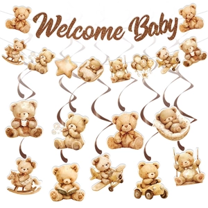 Kit Décoration Baby Shower Ours En Peluche Banderole Welcome Baby Spirales Papier Alvéolé Aquarelle Marron