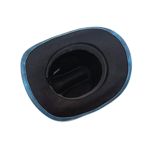 Classic cowboy fedora hat with blue glitter brim and black wool interior for parties
