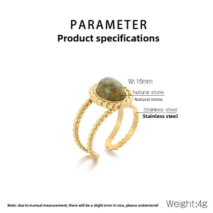 Detail of vintage gold stainless steel ring with green natural stone and beaded band