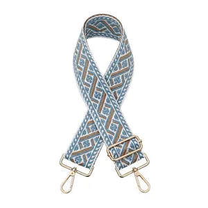 Close-up of ethnic jacquard purse strap with gold lobster clasps and geometric patterns