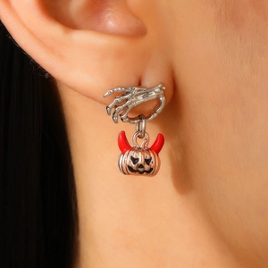 Ghost hand pumpkin earrings for Halloween featuring skeleton claws and red devil horns