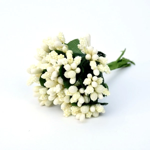 White artificial berry clusters with green fabric leaves for DIY floral arrangements
