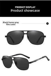Detail view of black pilot photochromic polarized sunglasses with grey lenses for driving
