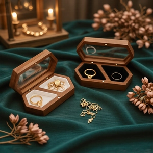 Hexagon walnut wood jewelry box with double slots and transparent lid for rings