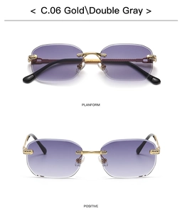 Detailed views of gold rimless sunglasses with gradient lenses and rhinestone accents
