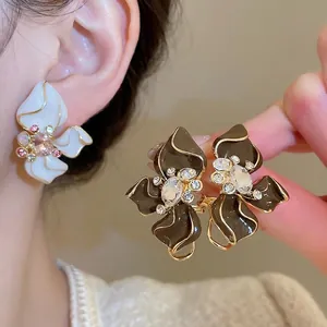 Flower Stud Earrings Alloy Enamel Crystal Rhinestone Vintage French Style Jewelry With 925 Sterling Silver Earring Post