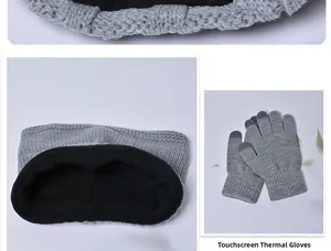 Close-up of the thick black fleece lining and touch screen glove tips of the gray knit set