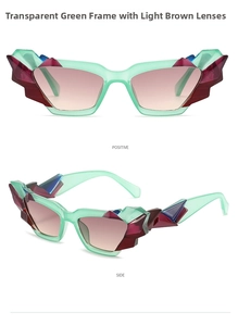 Front and side view of cat-eye sunglasses with transparent green crystal frame