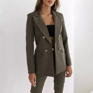 Women's dark olive double-breasted blazer with peak lapels in a formal business style