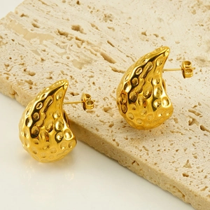 18K gold plated stainless steel teardrop earrings with hammered texture for women