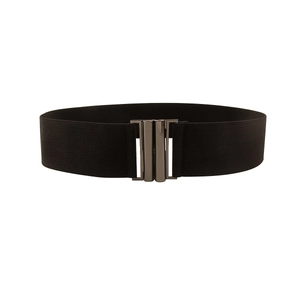 Chic black elastic waist belt for women with a polished metal interlocking buckle