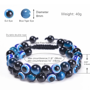 Adjustable double-layer woven bracelet with 8mm tiger eye and evil eye beads for men
