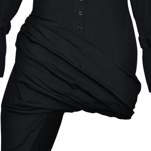 Detail of slim-fit dress with asymmetric waist pleats and dark button polo collar