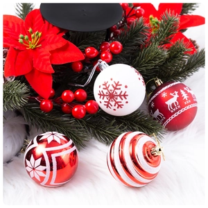 Detailed Christmas centerpiece with red poinsettia, berries, and patterned ornaments