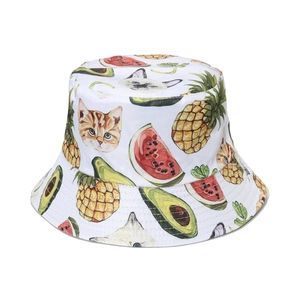 Women's summer canvas bucket hat featuring colorful cat, pineapple and avocado prints